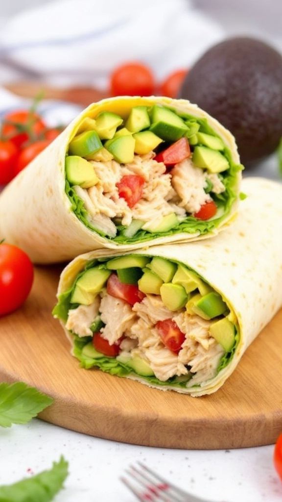 A colorful Chicken Avocado Wrap filled with shredded chicken, avocado, cucumber, and tomatoes, displayed on a wooden board with fresh ingredients.